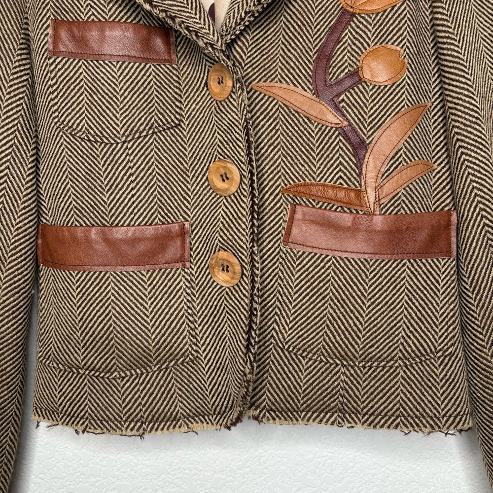 Bob Marley Wool Herringbone Blazer with Brown Leather Accents sz 4 - Picture 3 of 15